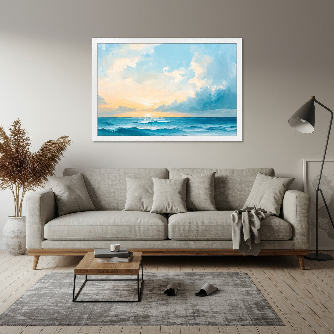 Framed Poster of ocean waves with a blue and yellow color palette, perfect for coastal decor.