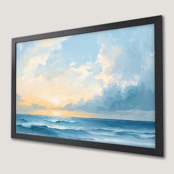 Framed Poster: Ocean sunset art print in blue and yellow, perfect wall decor for a calming atmosphere.
