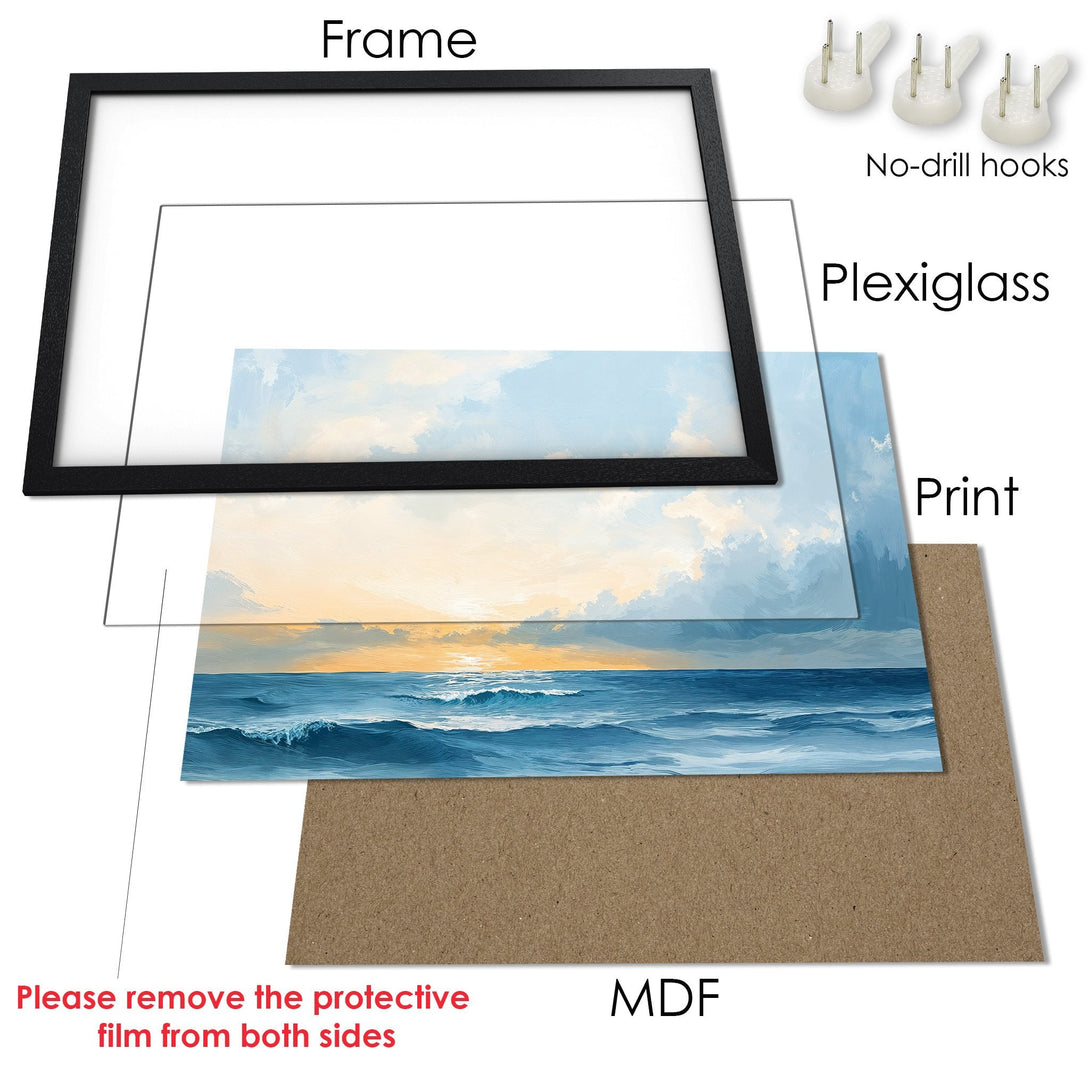 Framed Poster of a seascape painting in blue, white, and yellow. Perfect wall art for your home!