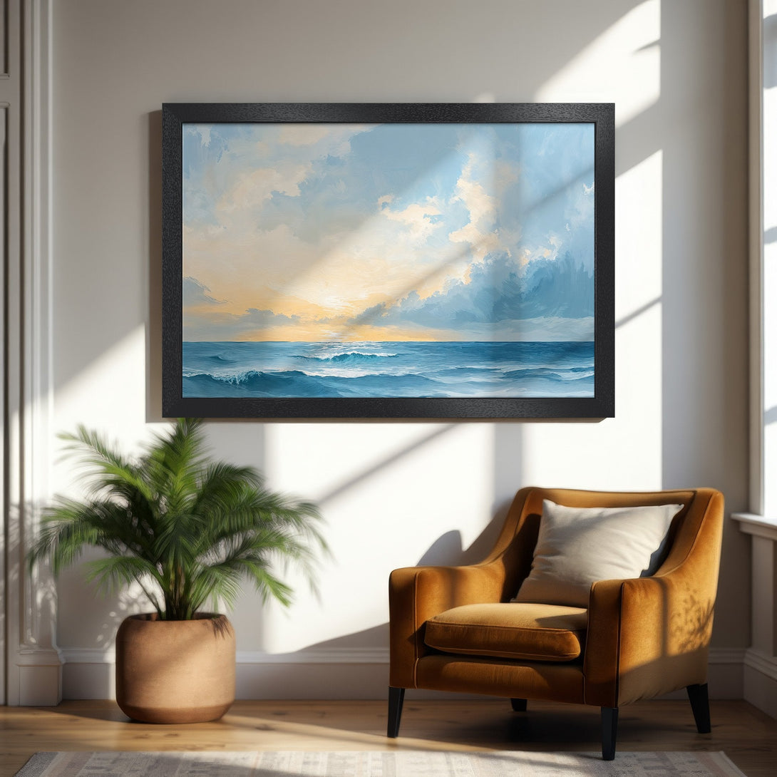 Framed Poster featuring a serene ocean scene with blue and gold hues. Perfect wall art for coastal decor.