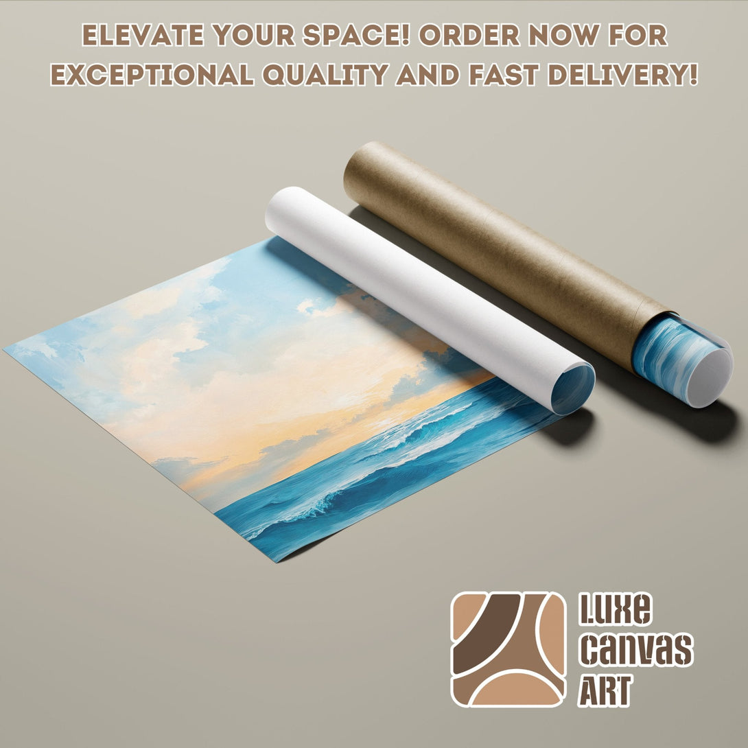 Ocean landscape Poster Roll, artistic style, blue and gold color palette. Elevate your space!