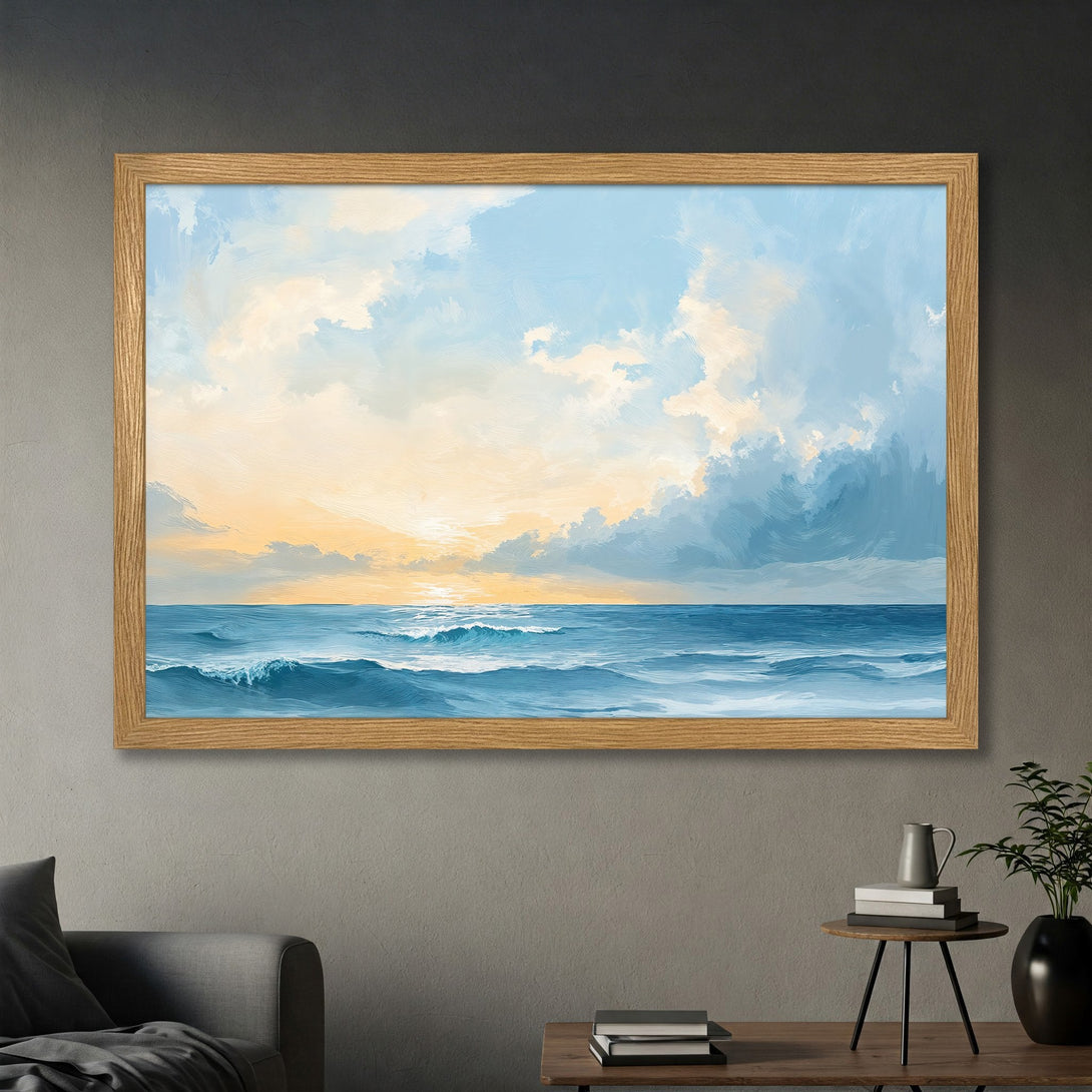 Framed Poster of a serene ocean landscape painting in blue and yellow hues, perfect for coastal decor.
