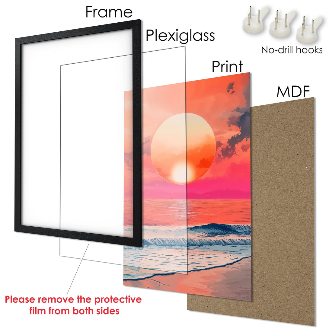 Framed Poster featuring a sunset beach scene. Vibrant art print with a warm pink and orange color palette. Ready to hang!