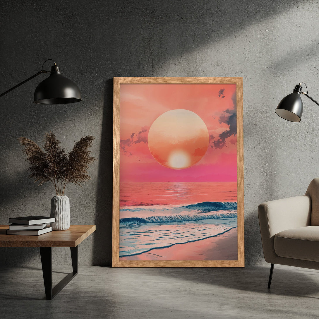 Framed Poster featuring a sunset over the ocean. Modern art style with a pink and orange color palette. Perfect wall decor!