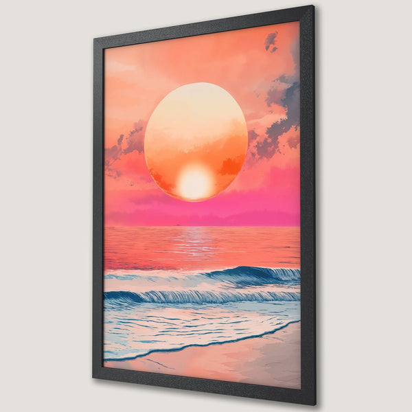 Framed Poster featuring a vibrant sunset over the ocean. Artistic style with a warm, pink and orange color palette, perfect wall art.