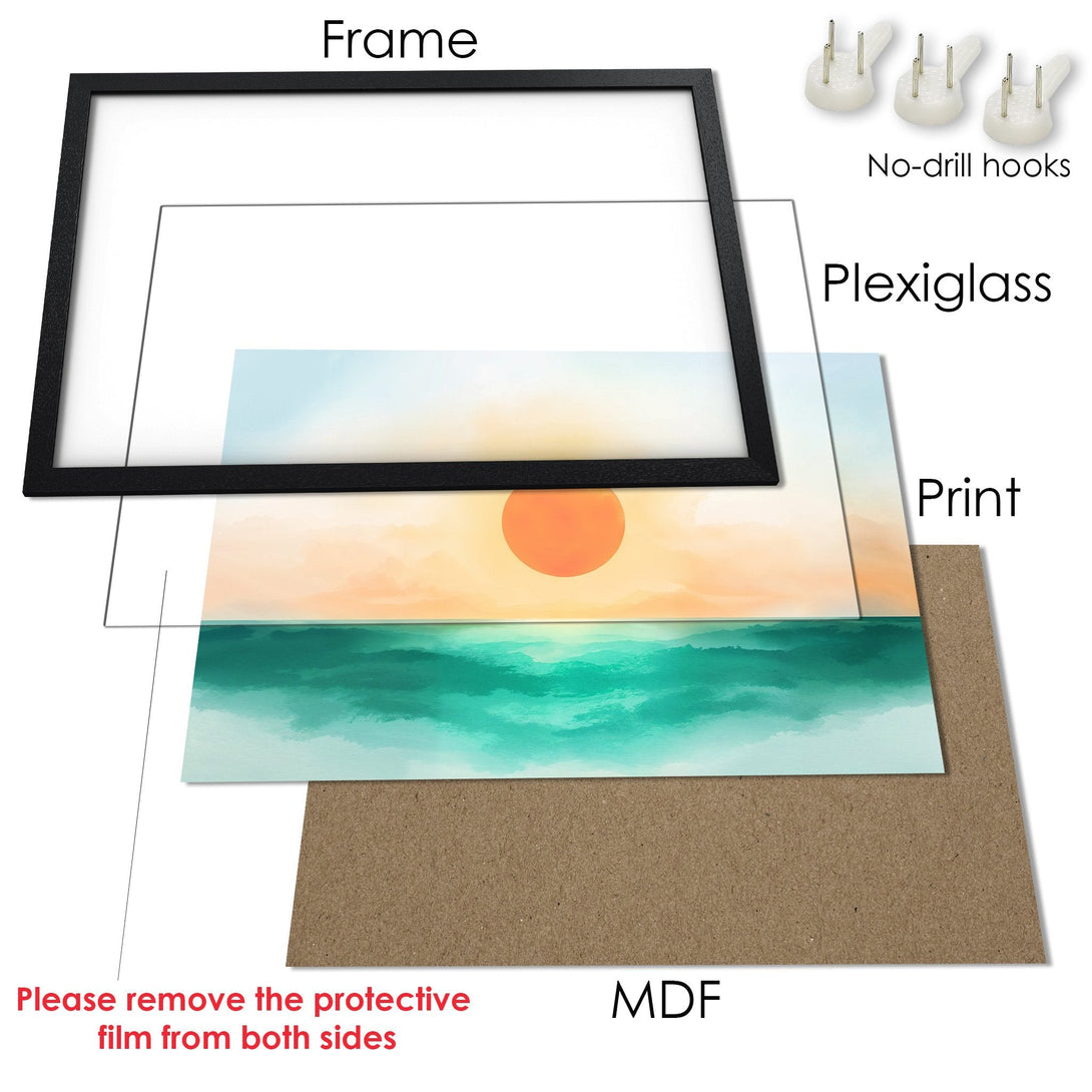 Framed Poster of a sunset over the ocean, watercolor style, with warm orange, teal, and blue hues.