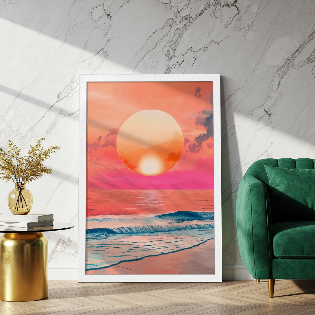 Framed Poster of a sunset over the ocean, vibrant pink and orange hues. Coastal art print to brighten your space!