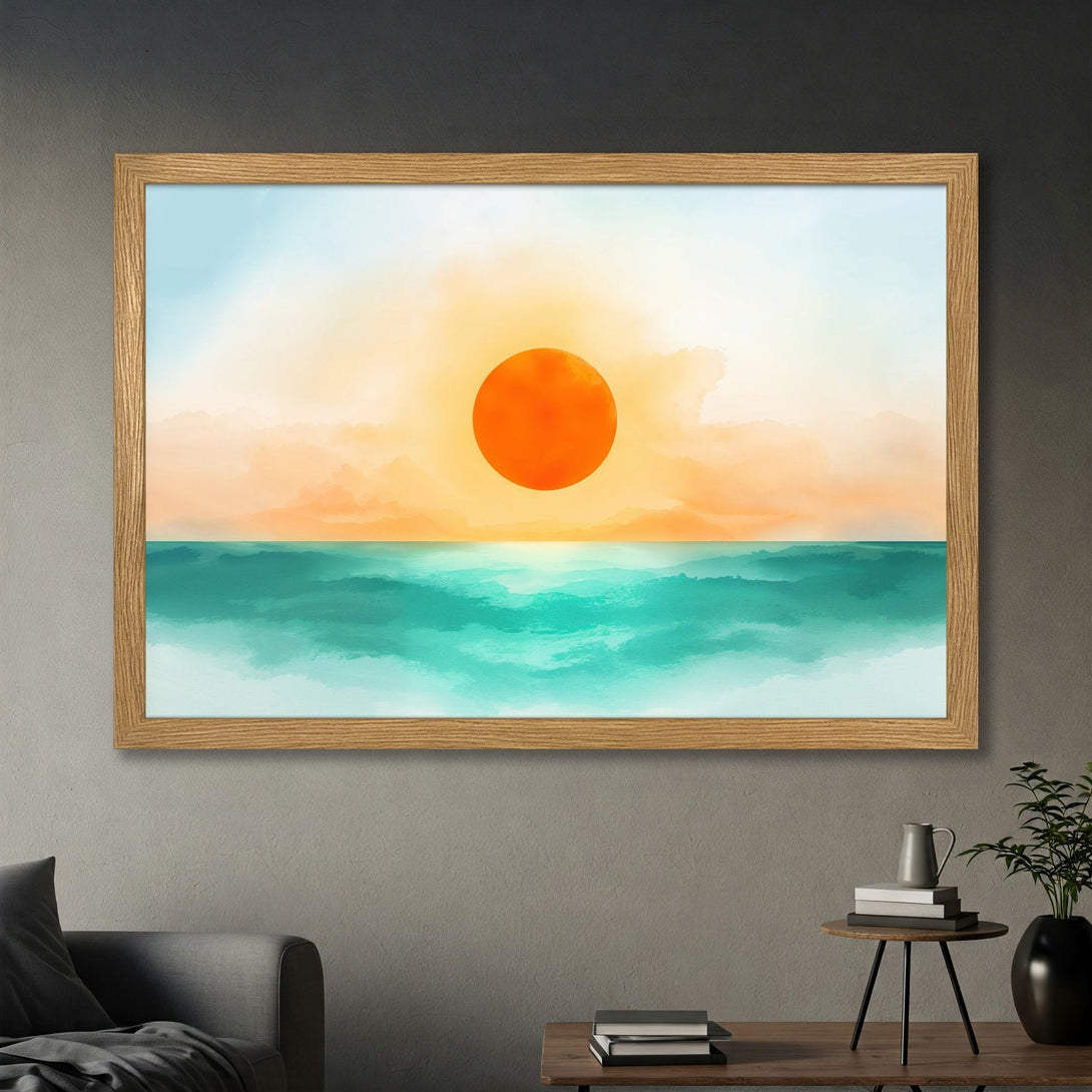Framed Poster featuring a minimalist sunset over ocean scene. Watercolor style with orange, teal, and blue color palette. Perfect wall art.