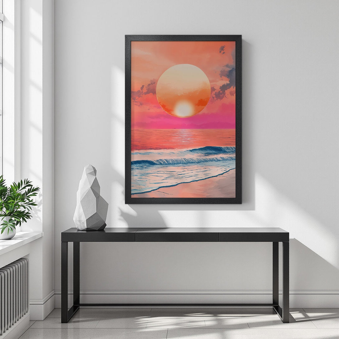 Framed Poster featuring a sunset beach scene in a vibrant pink and orange color palette. Perfect wall art for a calming vibe.