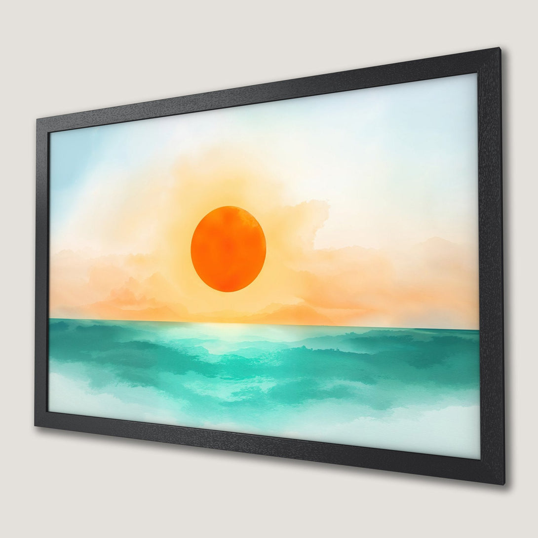 Framed Poster of a sunset over the ocean, watercolor style art in orange, teal, and blue. Add serenity to your space!
