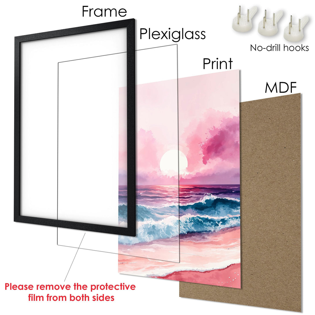 Framed Poster of a sunset over the ocean, watercolor style, with a pink and purple color palette. Ready to hang!