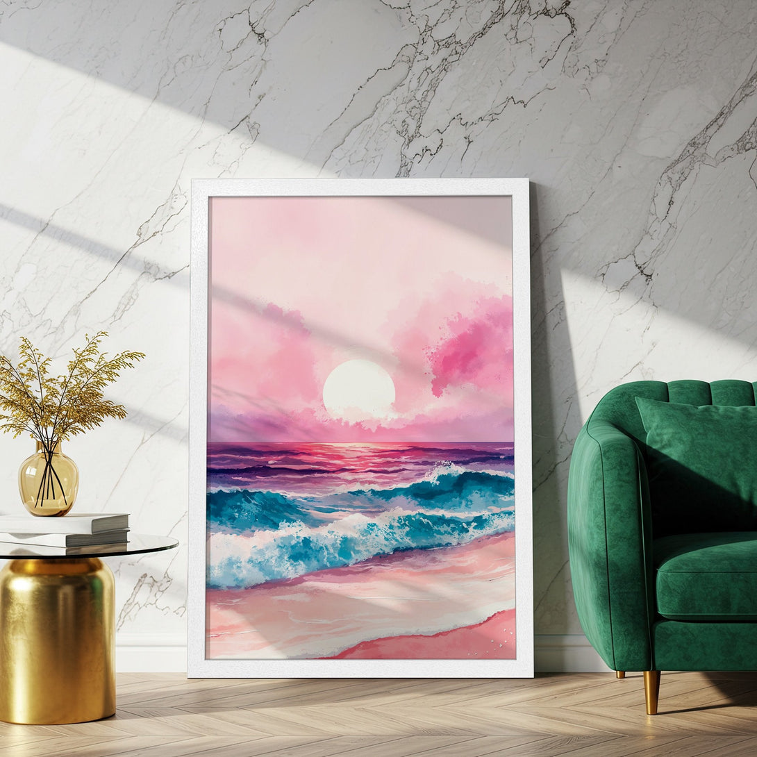 Framed Poster: Watercolor sunset beach art in pink, purple, and teal. Perfect coastal decor for a serene vibe. Buy your poster today!