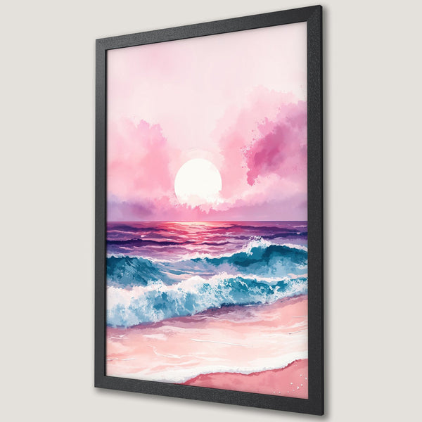 Framed Poster: Sunset beach art print in watercolor style, featuring pink, purple, and blue hues. Perfect for coastal decor.