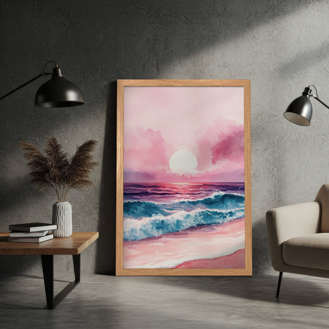 Framed Poster of a watercolor sunset over the ocean. Soft, dreamy style with a pink, blue, and purple color palette. Perfect wall art!