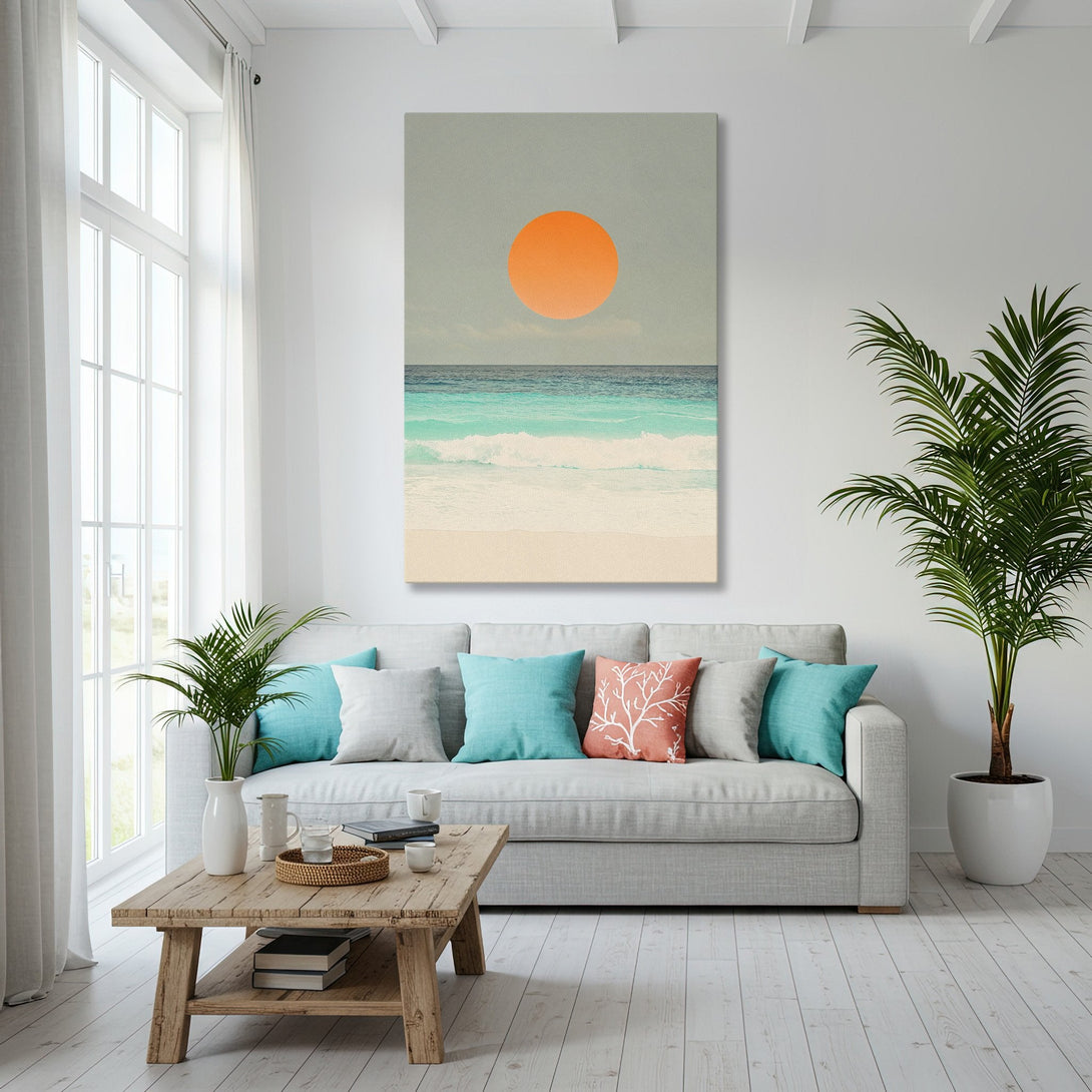 Framed Wall Art featuring a beach scene with a sunset in a modern living room. Coastal vibes in blue, orange, and neutral tones.