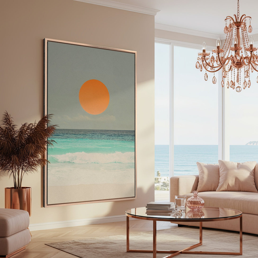 Framed Wall Art: Beach scene Canvas Print with orange sun, turquoise water, and neutral tones. Coastal decor for a serene living room.