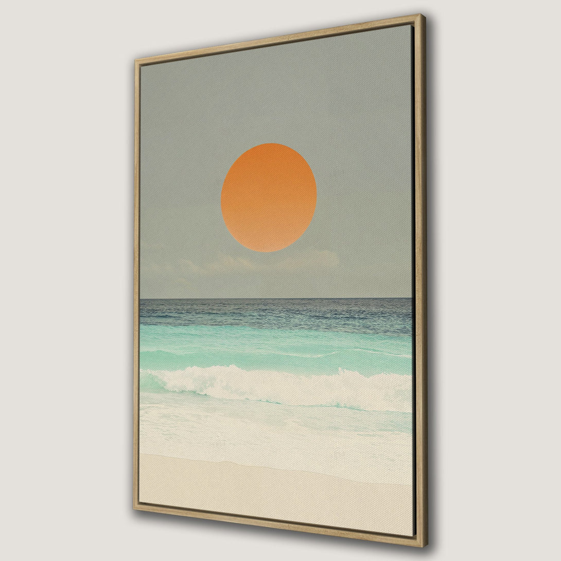 Framed Wall Art: Coastal sunset Canvas Print. Minimalist beach scene with orange sun, teal ocean, and neutral tones. Perfect for modern home decor.