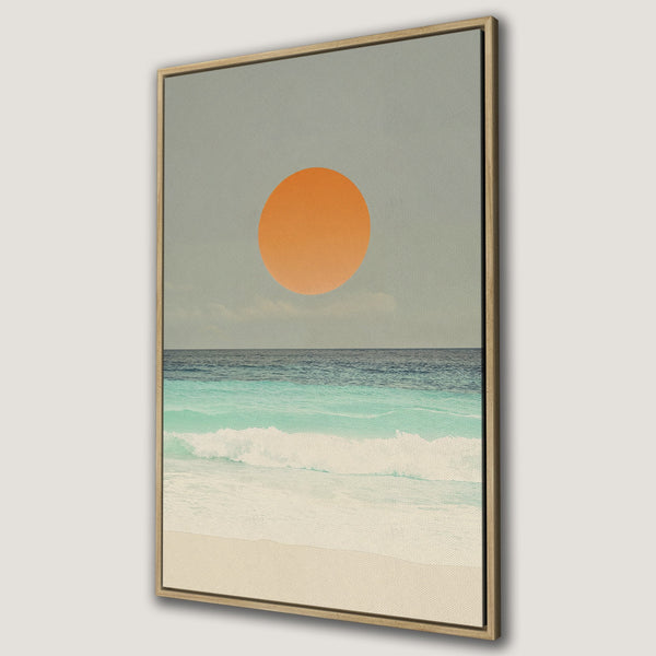 Framed Wall Art: Coastal sunset Canvas Print. Minimalist beach scene with orange sun, teal ocean, and neutral tones. Perfect for modern home decor.