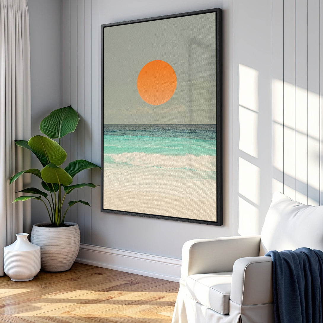 Framed Wall Art: Coastal beach scene with orange sun, teal waters, and sand. Modern art in a calming color palette, perfect for your home decor.