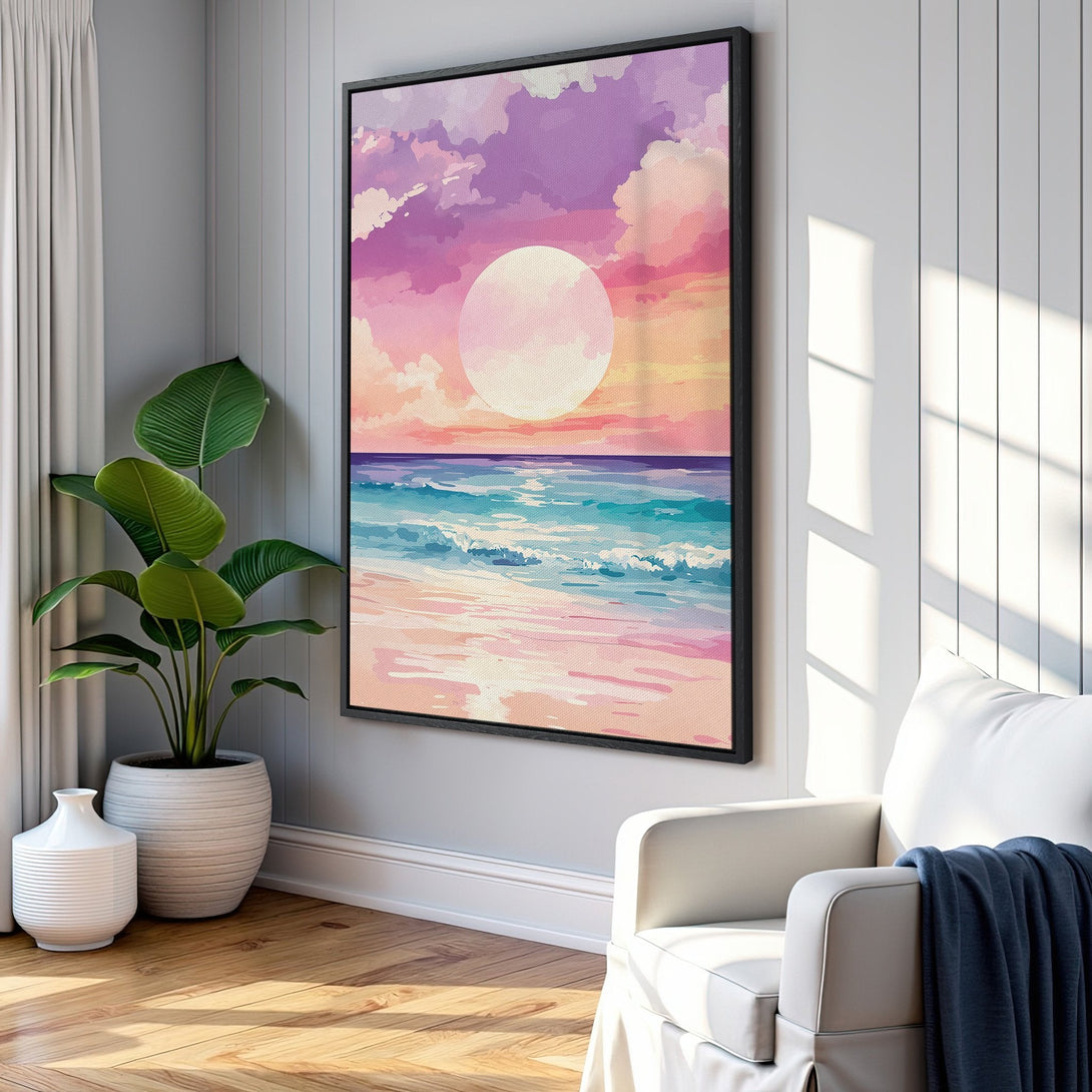 Framed Wall Art: Watercolor beach scene with sunset in pinks, purples, and blues. Coastal art print perfect for living room decor.