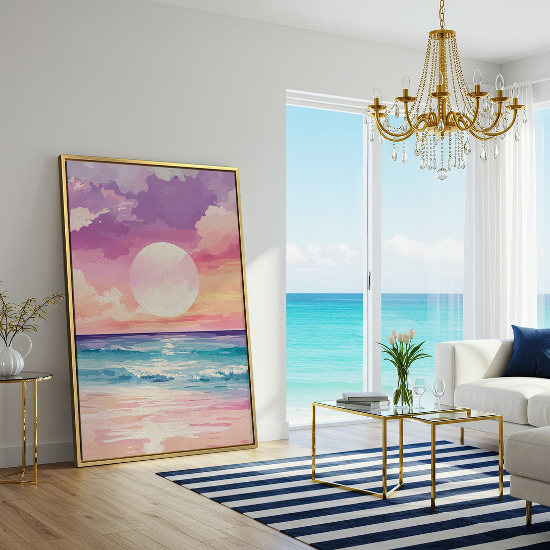 Canvas Print of a dreamy sunset over the ocean, in a pastel pink and purple palette. Perfect wall art for a calming living room.