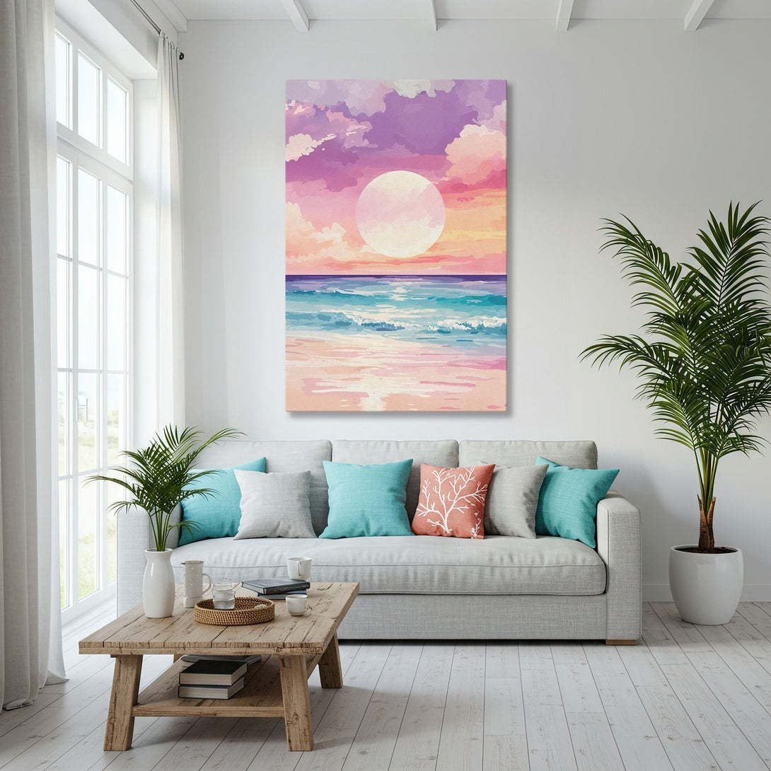 Framed Wall Art: Coastal sunset canvas print in a modern living room. Pastel pinks, purples, and blues create a serene, artistic vibe.
