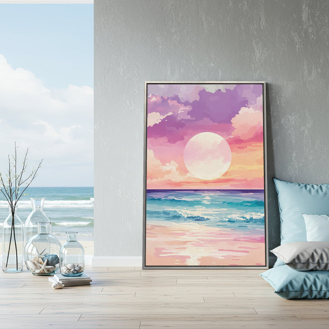 Framed Wall Art: Coastal sunset canvas print in pastel colors. Perfect beach decor for a serene living room. Shop now for art that inspires!