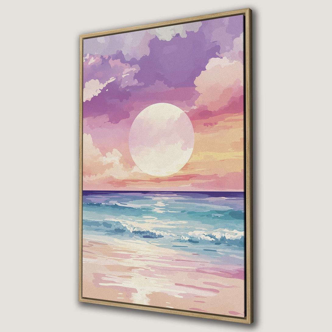 Framed Wall Art Canvas Print of a serene beach sunset. Watercolor style with pink, purple, and blue hues, creating a calming and artistic atmosphere.