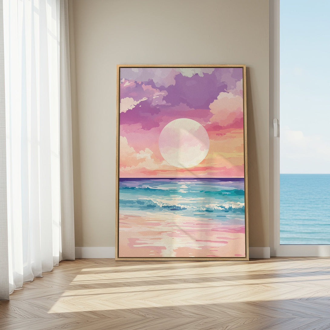 Framed Wall Art: Coastal sunset canvas print in pastel pinks, purples, and blues, perfect for adding a touch of serenity to your home decor.