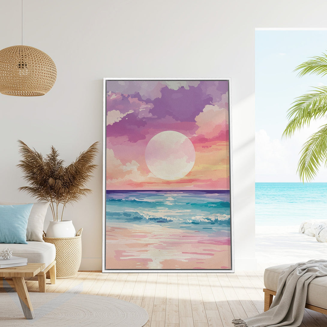 Framed Wall Art: Watercolor sunset beach scene in pink, purple, and turquoise. Coastal style canvas print adds a serene touch to any interior.
