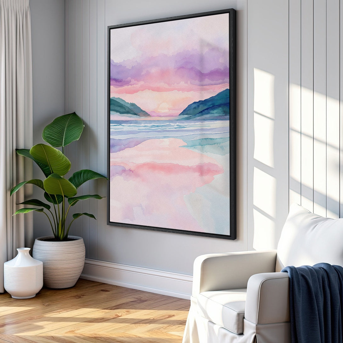 Framed Wall Art: Watercolor landscape Canvas Print with a pastel pink and purple sky. Adds a serene touch to any room. Modern home decor.