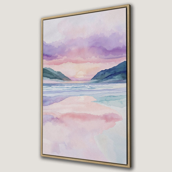 Framed Wall Art Canvas Print of a watercolor landscape with a sunset in pastel pinks, purples, and blues. Perfect for adding a calming touch to any room.