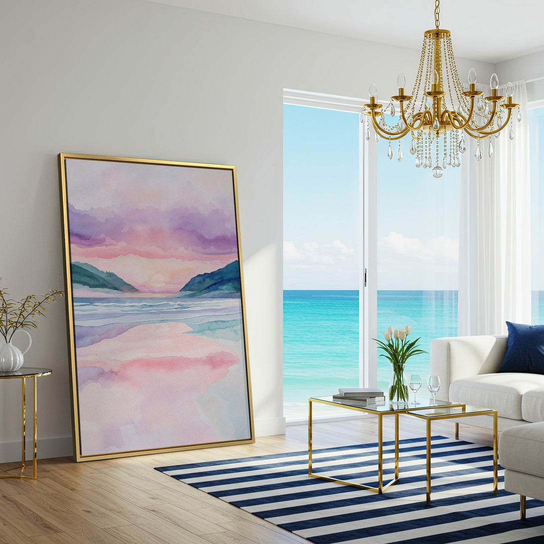 Canvas Print of a watercolor landscape with a dreamy sunset in a living room. Soft pink, purple, and blue hues create a calming atmosphere.