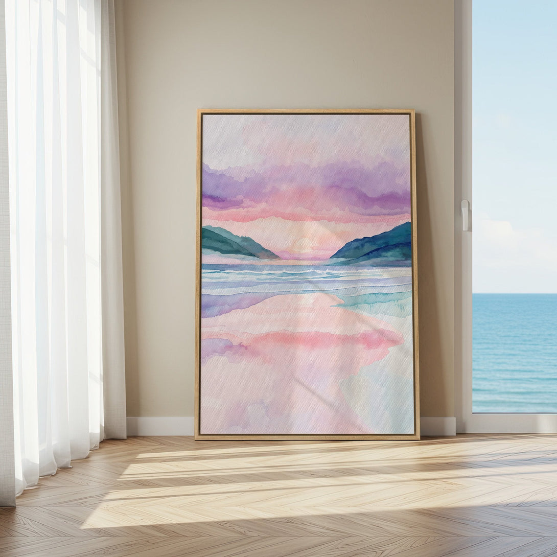 Framed Wall Art: Watercolor landscape Canvas Print in pastel pinks, purples, and blues. Coastal scene adds serene style to any room.