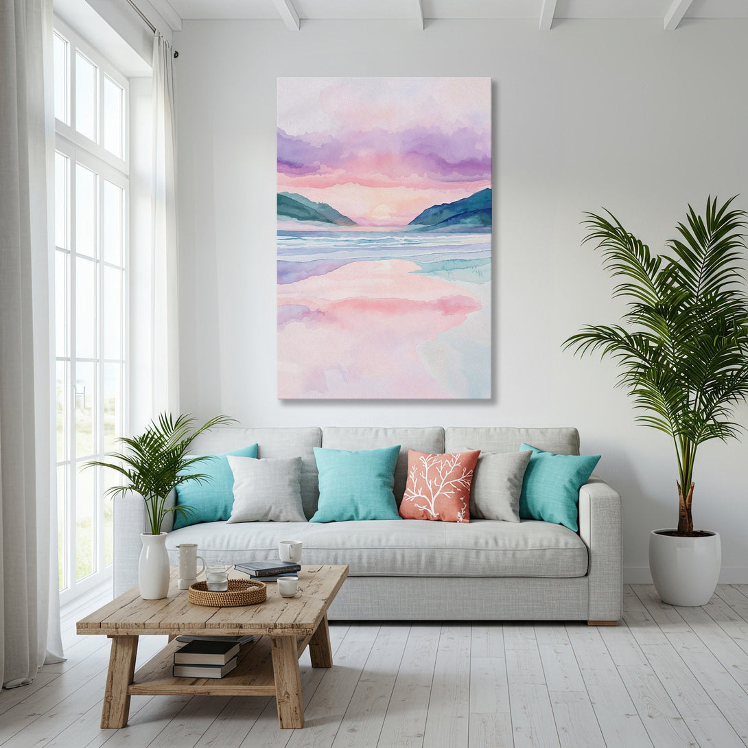 Framed Wall Art: Watercolor beach scene in pastel pinks, purples, and blues. Coastal artwork adds serene style to any living space.