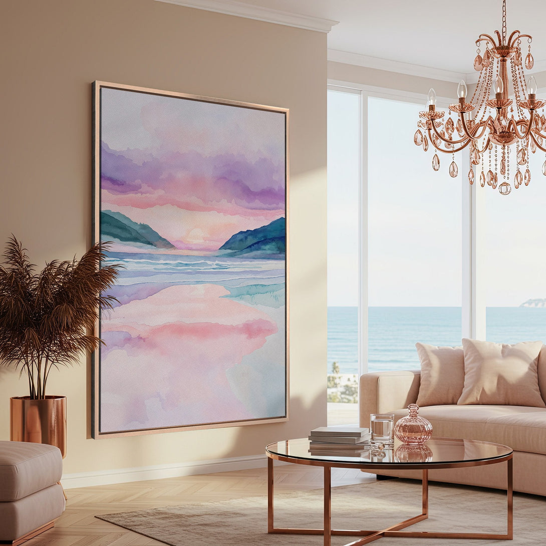 Framed Wall Art: Watercolor landscape Canvas Print in pastel pinks, purples, and blues, displayed in a modern, coastal-inspired living room.