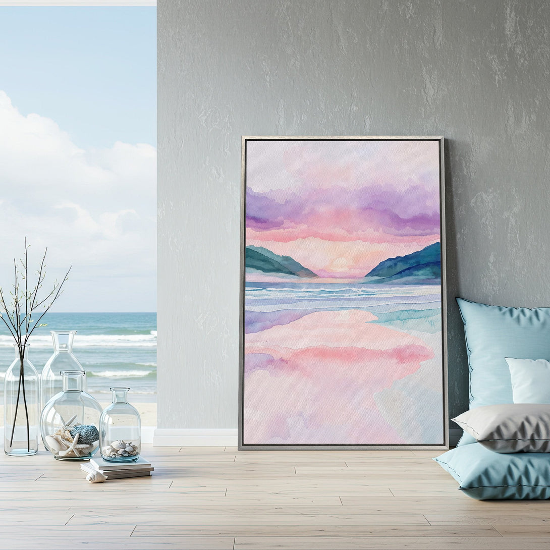 Framed Wall Art of a watercolor beach scene in pastel pinks, purples, and blues. Coastal decor for a calming, serene aesthetic.