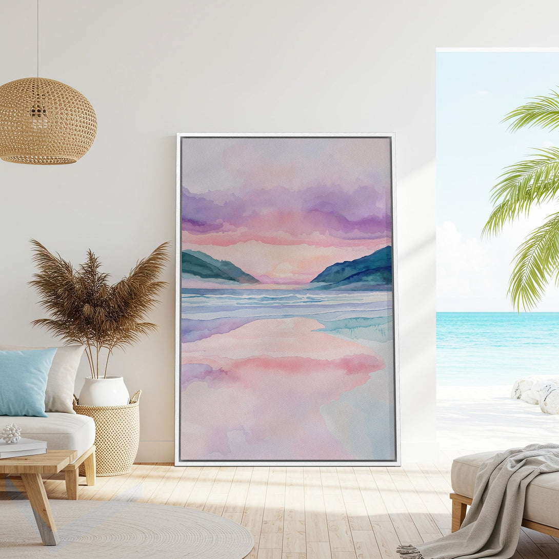 Framed Wall Art: Watercolor beach scene in pastel pinks, purples, and blues. Coastal art style perfect for a serene living room. Shop now!