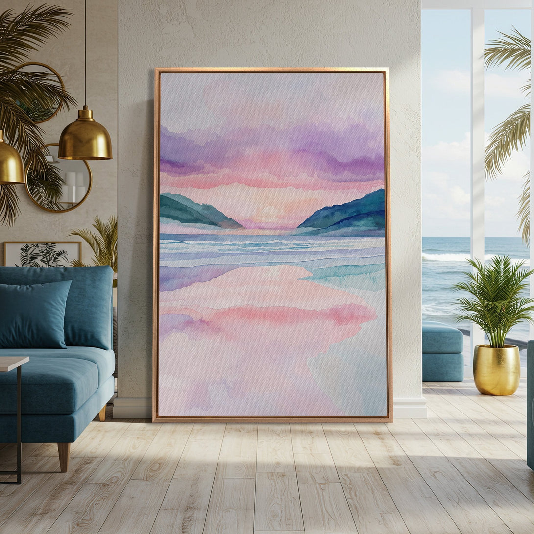 Framed Wall Art: Watercolor landscape Canvas Print in a serene interior. Soft pink, purple, and blue hues create a calming coastal scene. Perfect for adding tranquility to your space.