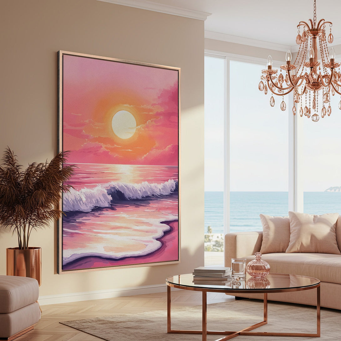 Framed Wall Art: Coastal sunset canvas print in warm pink and orange hues. Modern, artistic style perfect for living room decor. Bring the beach home!