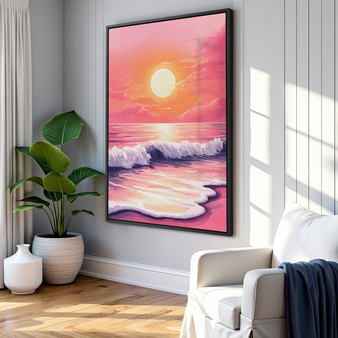 Framed Wall Art featuring a sunset beach scene in a watercolor style, showcasing a pink and orange color palette. Perfect for coastal decor!