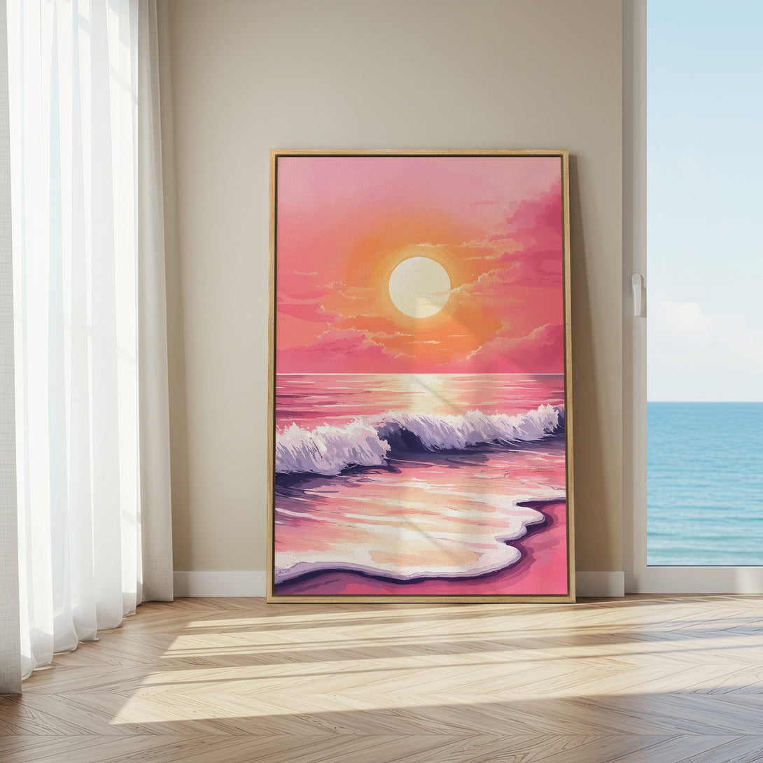 Canvas Print of a sunset over the ocean, featuring warm pink and orange hues. Coastal art in a modern style, perfect for home decor.