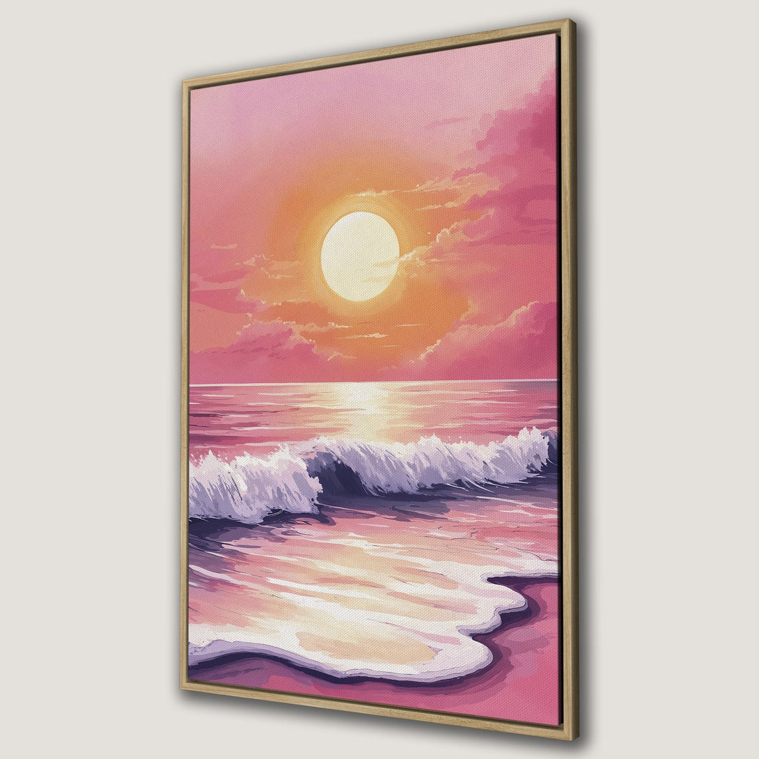 Framed Wall Art: Sunset over ocean in pink and orange hues. Coastal landscape canvas print adds a calming, artistic touch to any space.