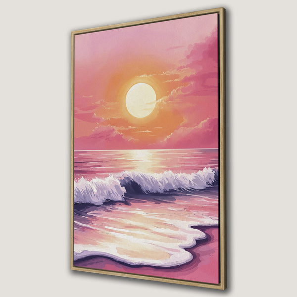 Framed Wall Art: Sunset over ocean in pink and orange hues. Coastal landscape canvas print adds a calming, artistic touch to any space.