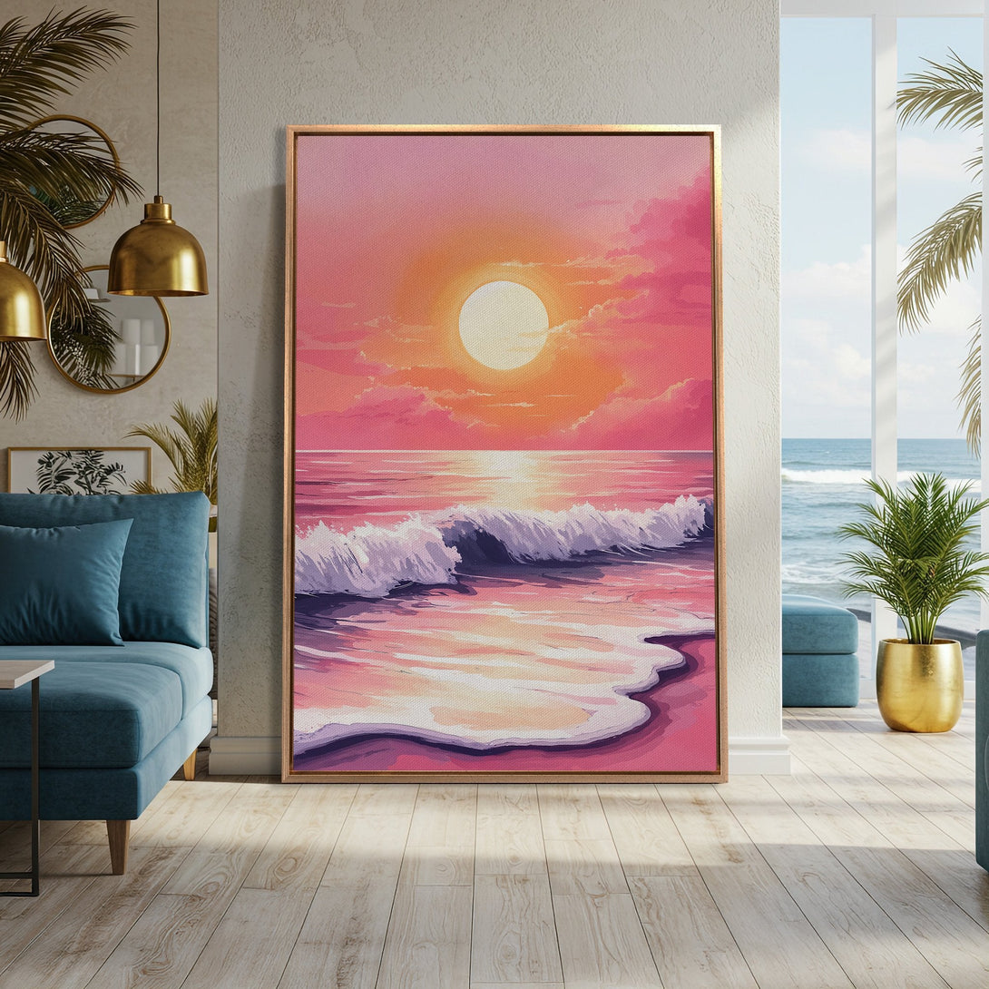 Framed Wall Art: Sunset over ocean in pink and orange hues. Coastal-inspired canvas print adds warmth and serenity to any space. Shop now!
