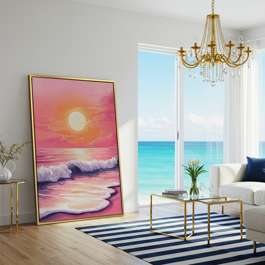 Canvas Print of a sunset over the ocean, in a pink and orange watercolor style. Perfect for adding a touch of coastal charm to your home.