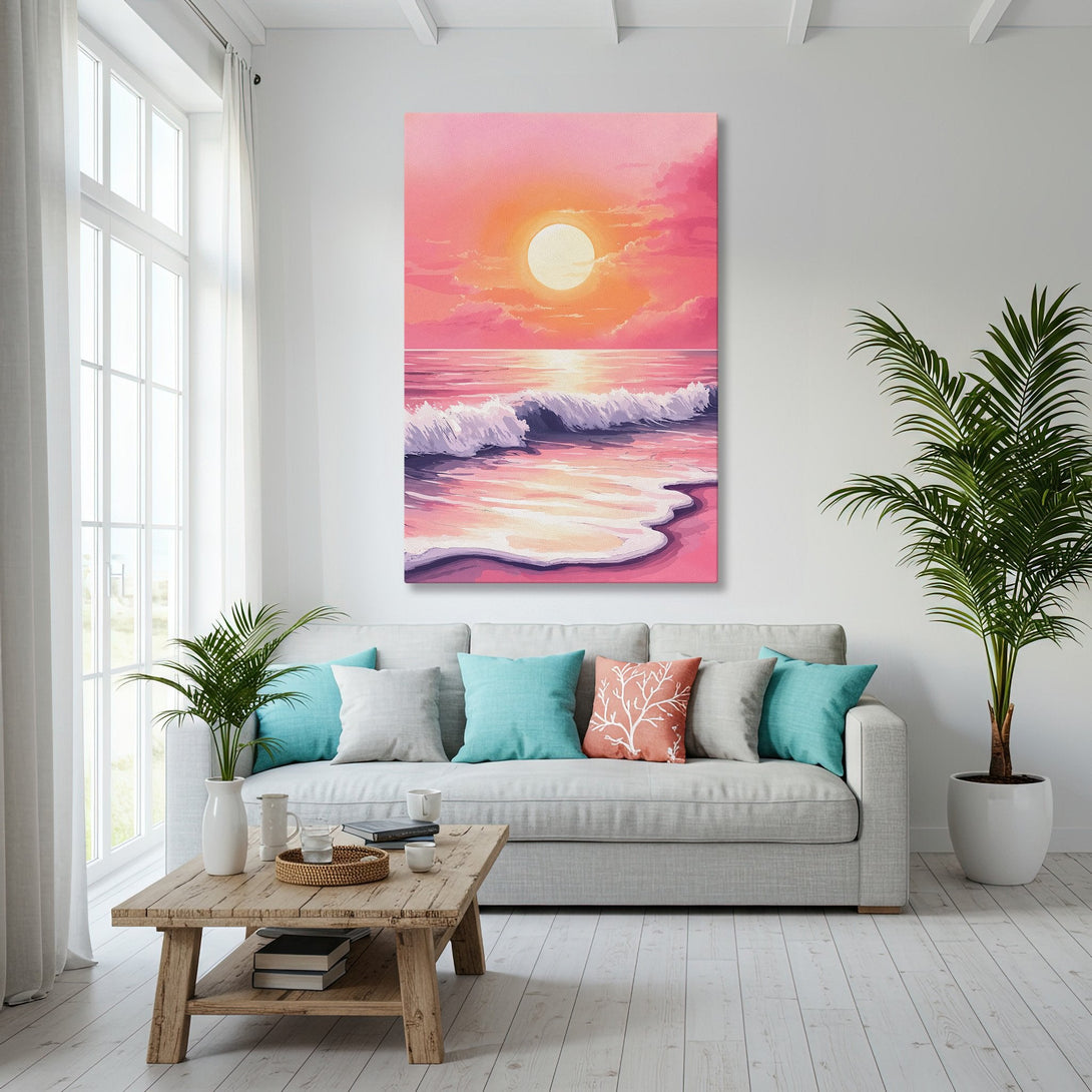 Framed Wall Art: Coastal sunset painting in pink and orange hues. Modern beach decor for a relaxing living room. Canvas print with gold frame.