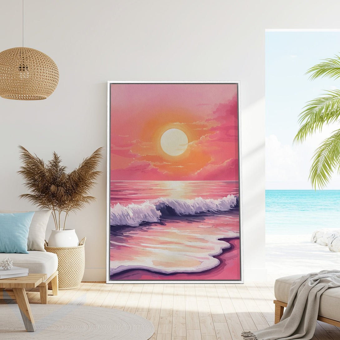 Framed Wall Art: Sunset beach scene in pink and orange hues. Coastal art print adds a calming touch to any interior.