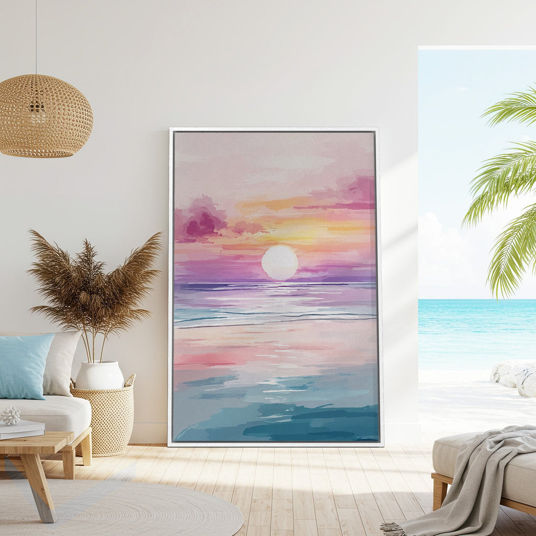 Framed Wall Art: Watercolor sunset Canvas Print in pinks, purples, and blues. Coastal style art for a serene home decor upgrade.