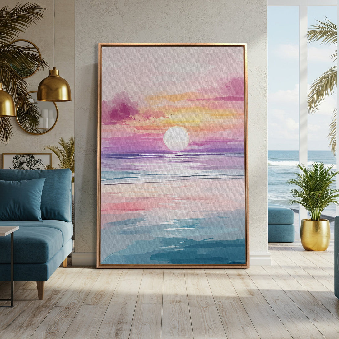 Framed Wall Art Canvas Print of a sunset seascape in a modern interior. Pastel pinks, purples, and blues create a tranquil, artistic vibe. Perfect for home decor!